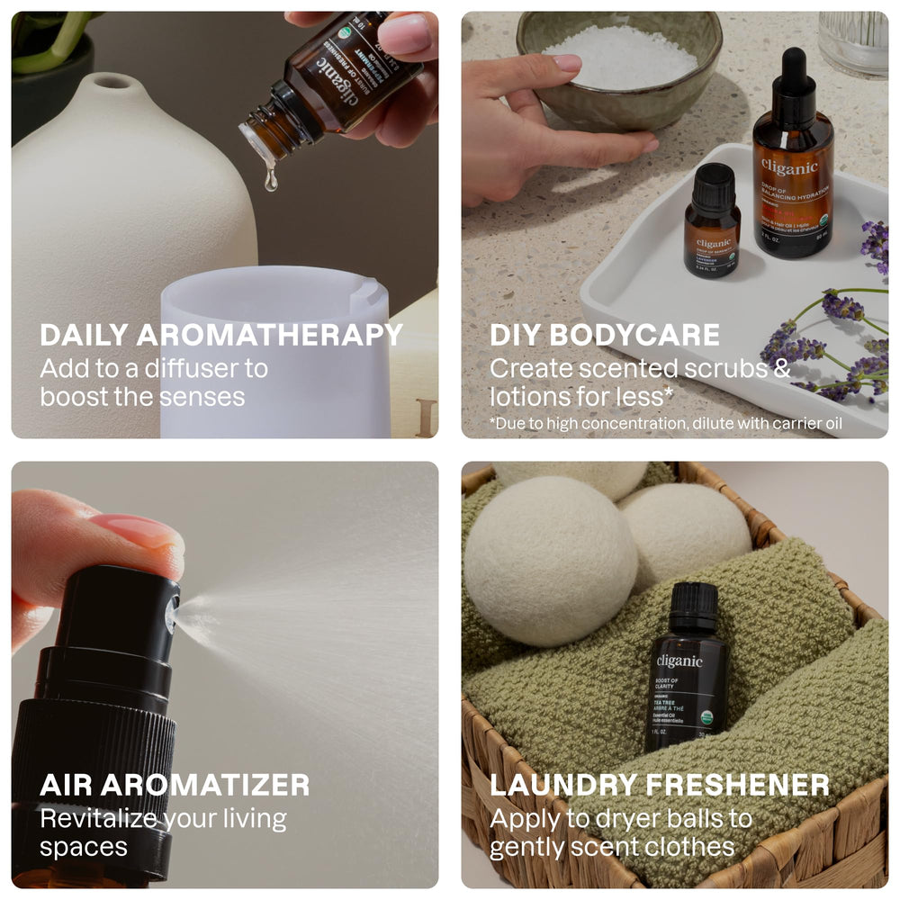 Cliganic frankincense oil bottle adding resinous depth to diffusions.