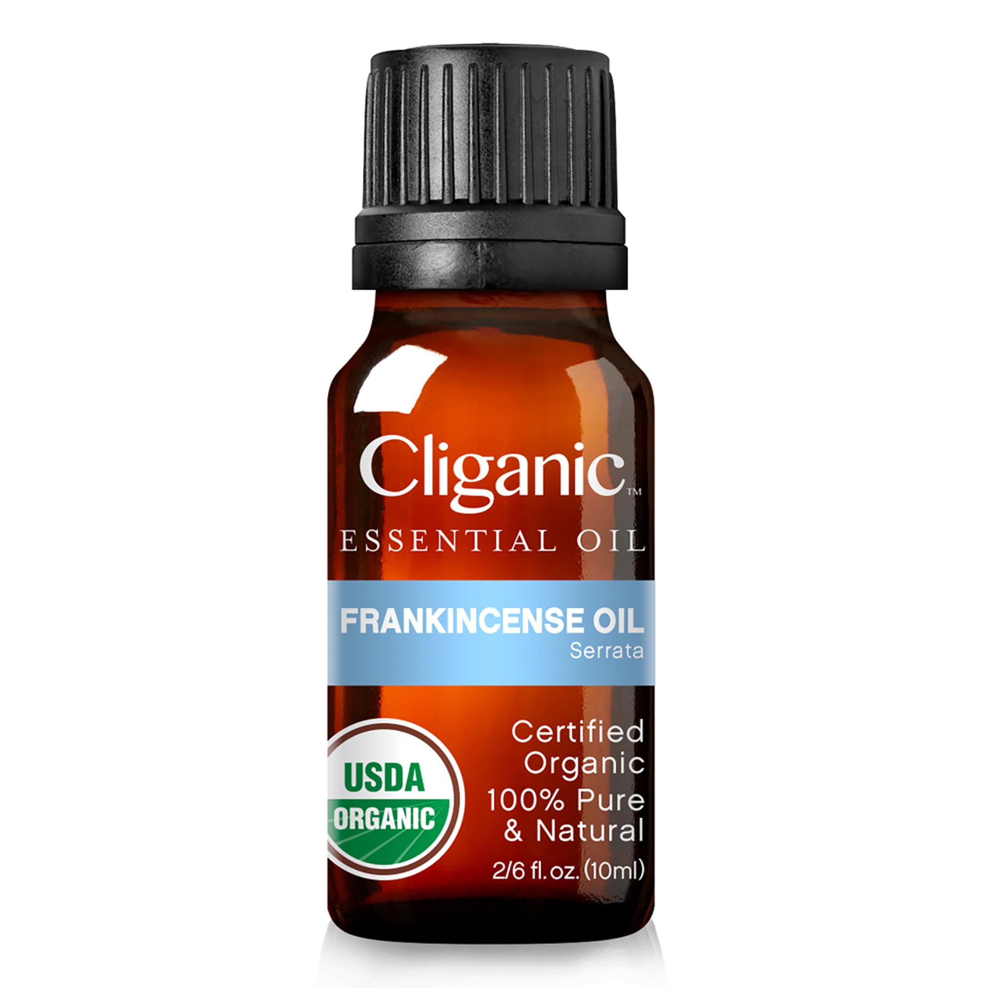 Cliganic frankincense oil label signals organic sourcing and purity via USDA standards.