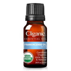 Cliganic frankincense oil label signals organic sourcing and purity via USDA standards.