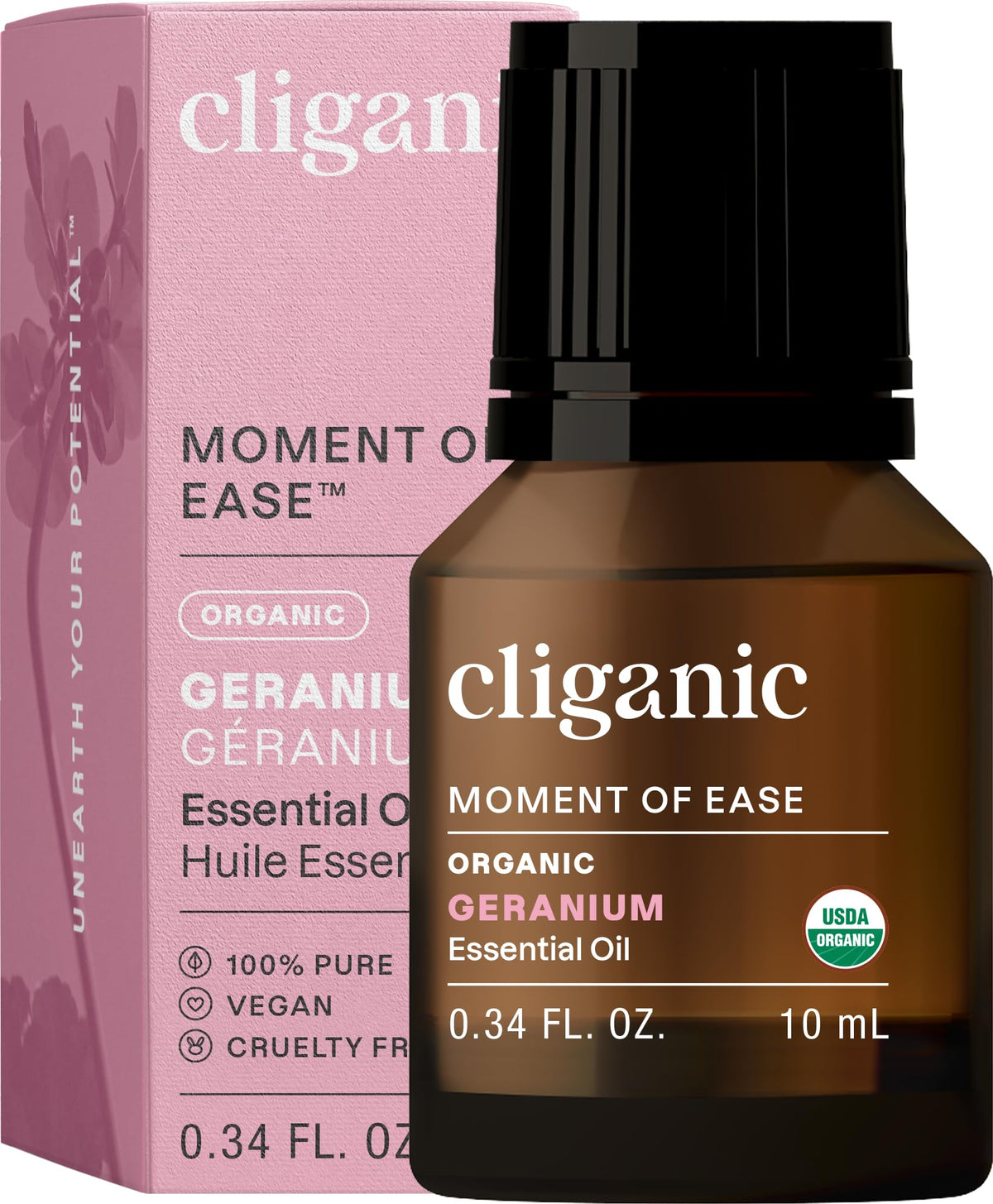 Cliganic Geranium Essential Oil bottle close-up for pure aromatherapy.