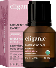 Cliganic Geranium Essential Oil bottle close-up for pure aromatherapy.