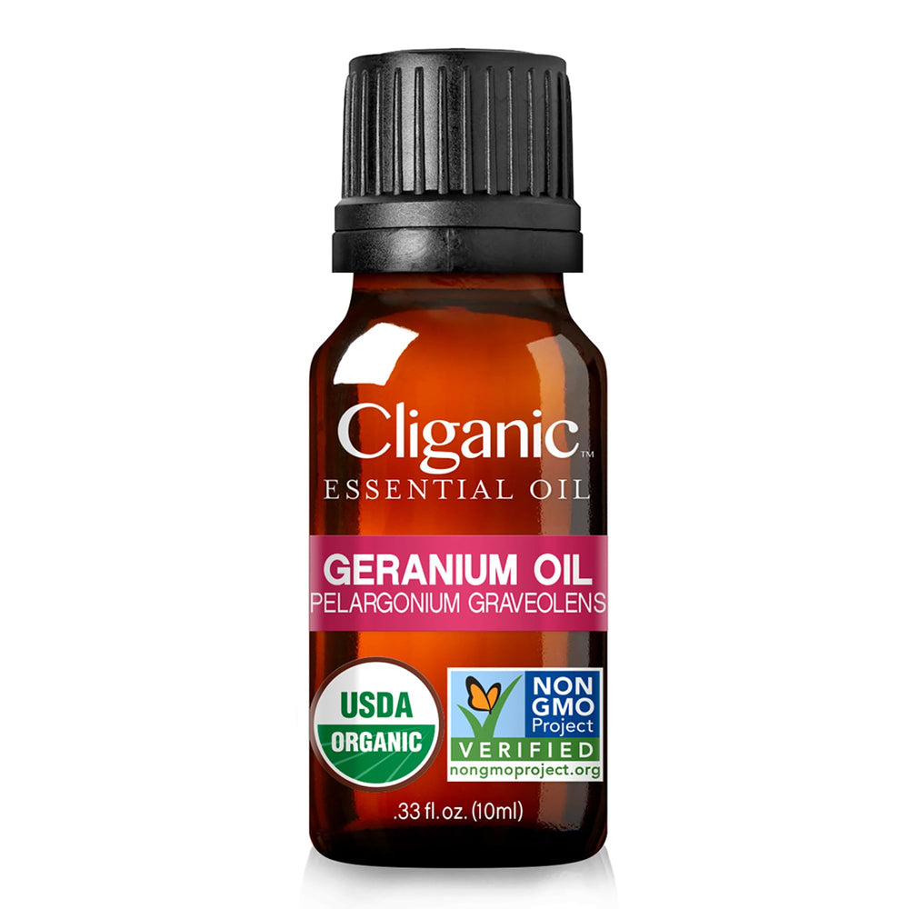 Cliganic Geranium Essential Oil dropper for easy dosage and control.