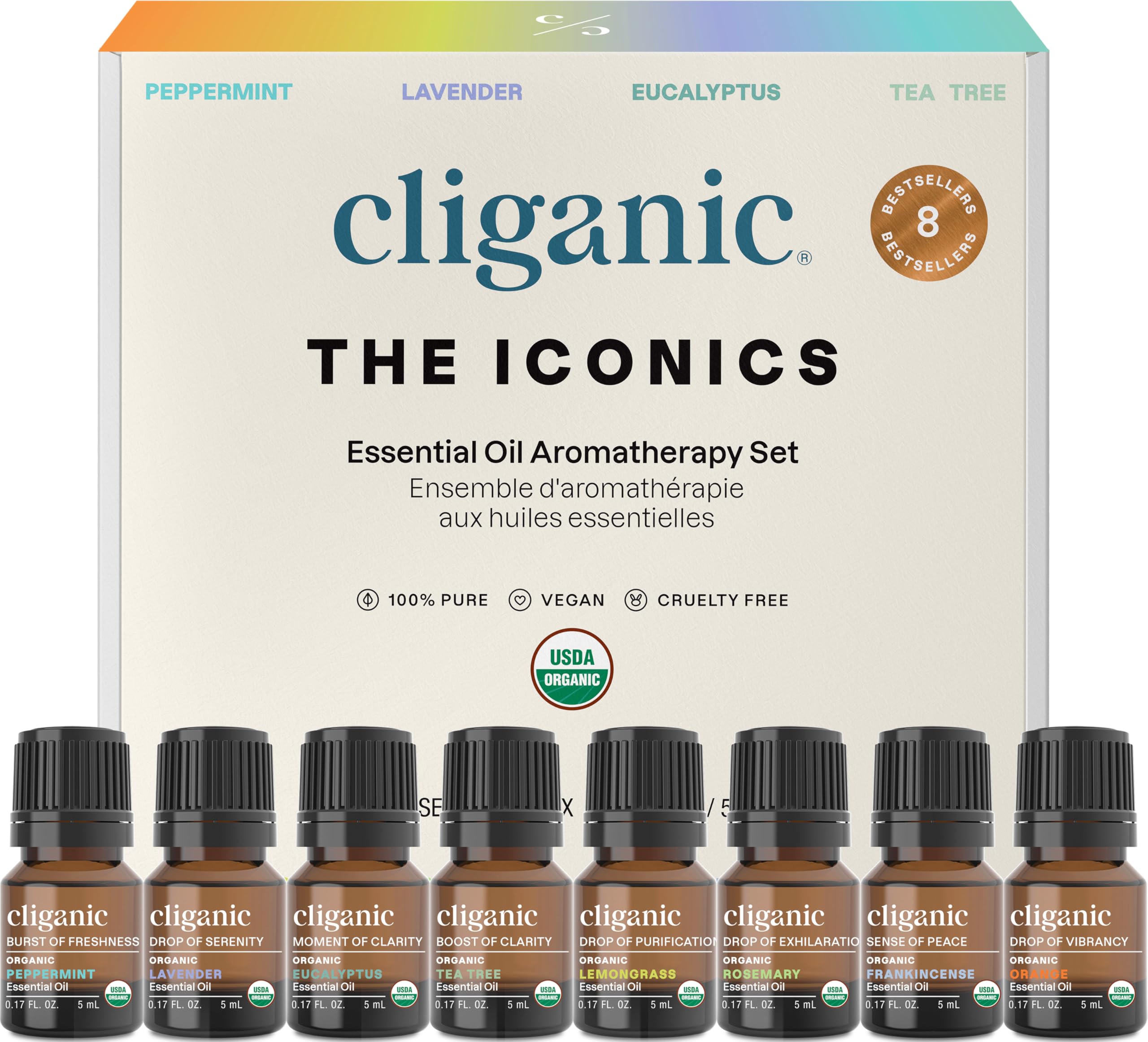 Cliganic gift set box with eight organic essential oils for versatile aromatherapy.