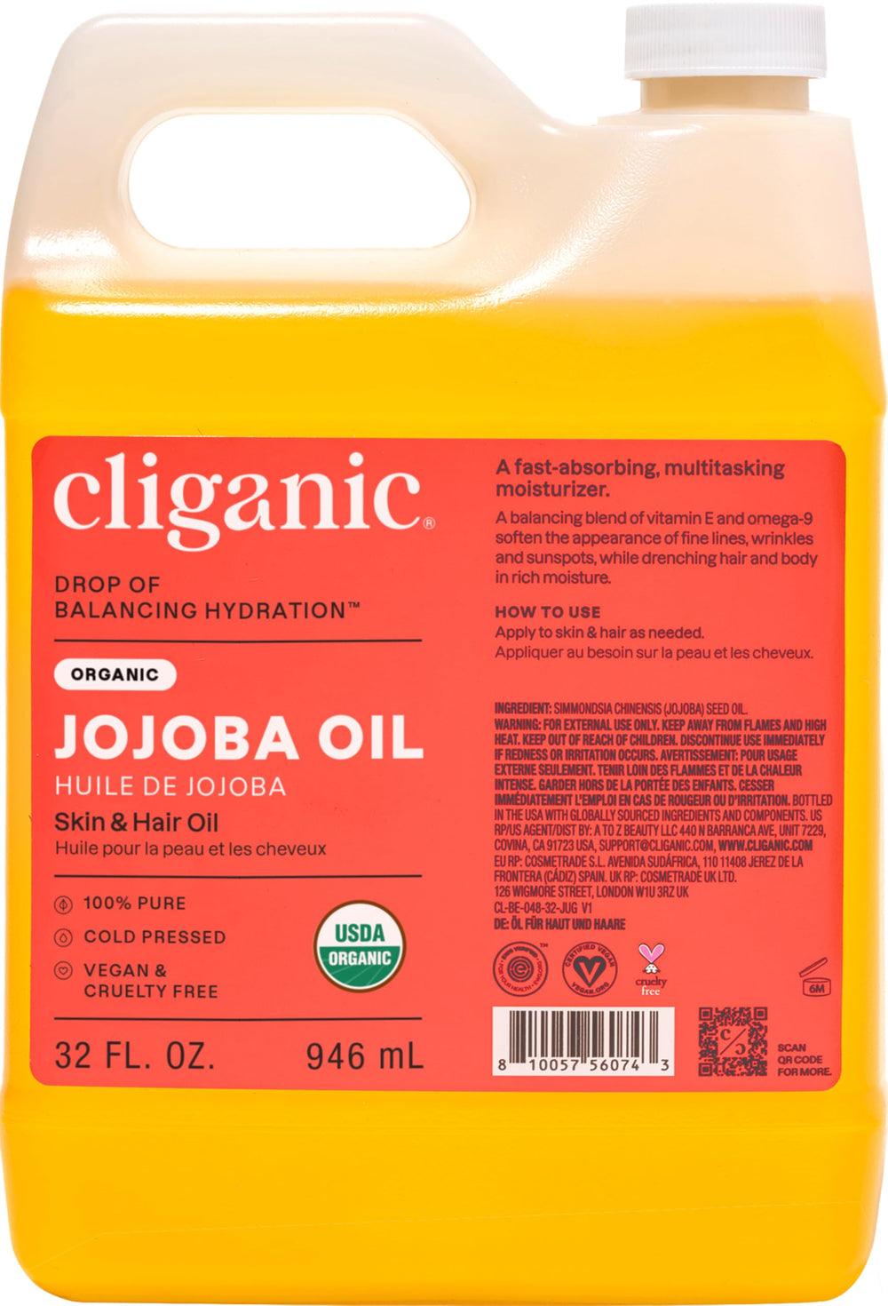 Cliganic Organic Jojoba Oil 32oz bulk bottle for DIY beauty uses
