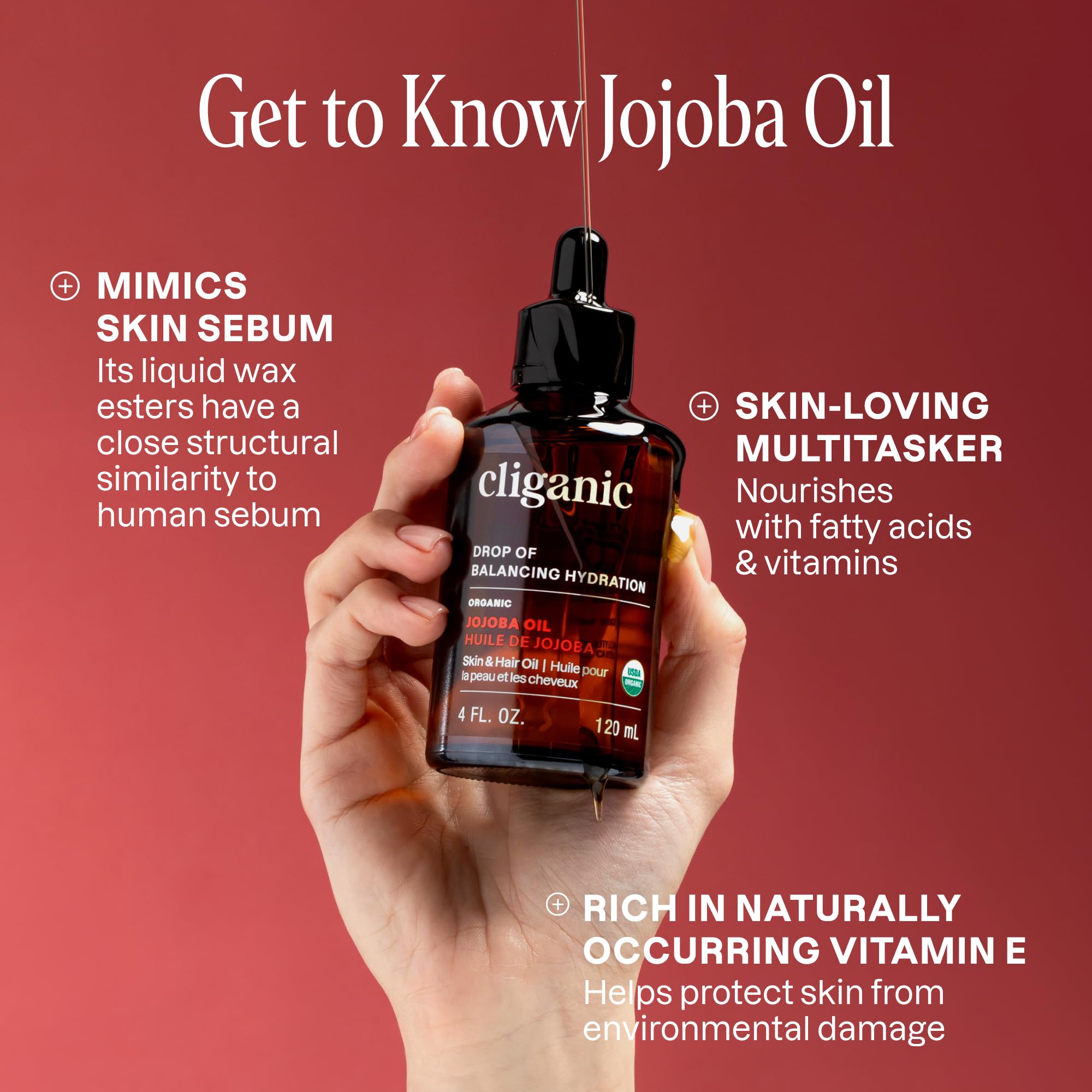 Cliganic Jojoba Oil used for hair care to add shine and manage frizz