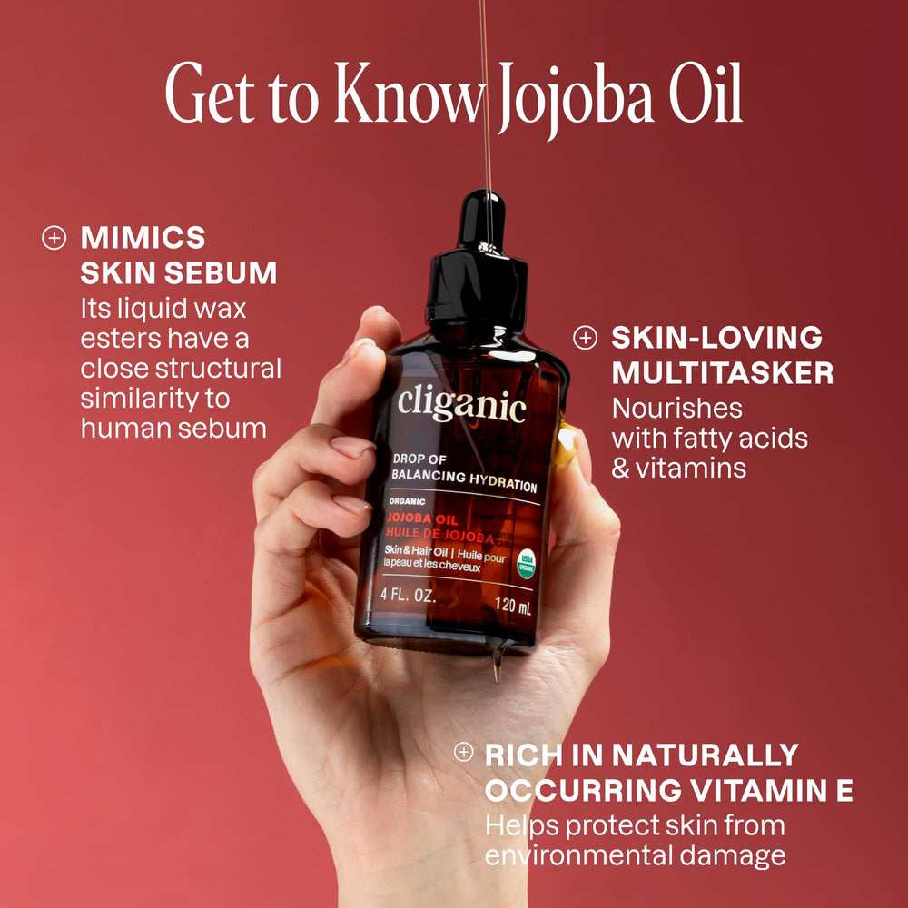 Cliganic Jojoba Oil used for hair care to add shine and manage frizz