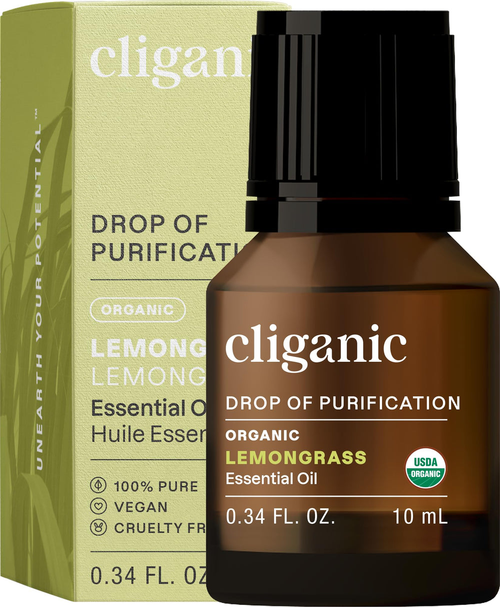 Cliganic Lemongrass essential oil bottle closeup for refreshing diffuser aroma