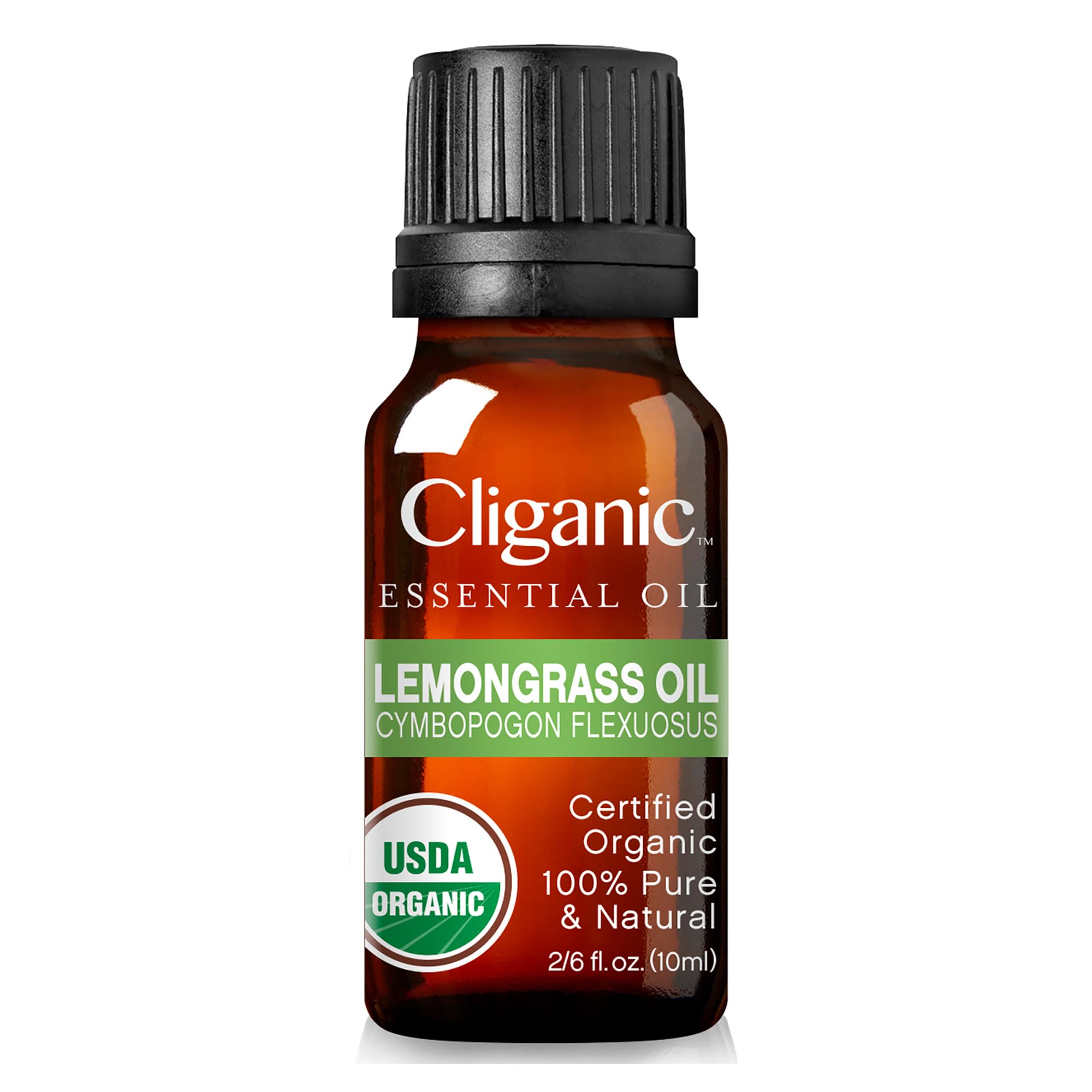 Cliganic Lemongrass essential oil bottle on desk beside aromatic diffuser