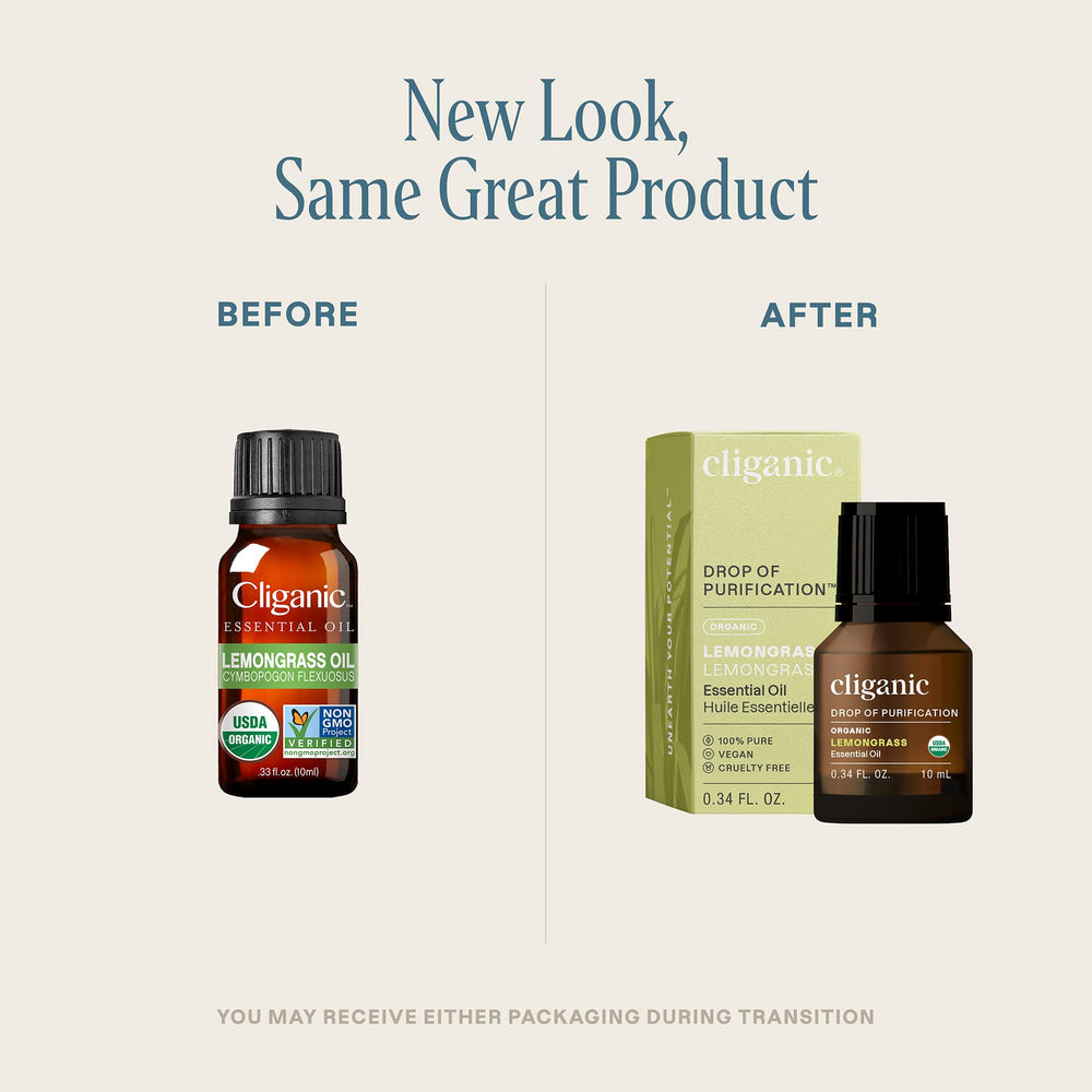 Cliganic Lemongrass essential oil packaging label highlights organic and non-GMO status