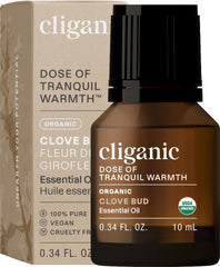Cliganic Organic Clove Bud Oil bottle in amber glass for purity and shelf life.
