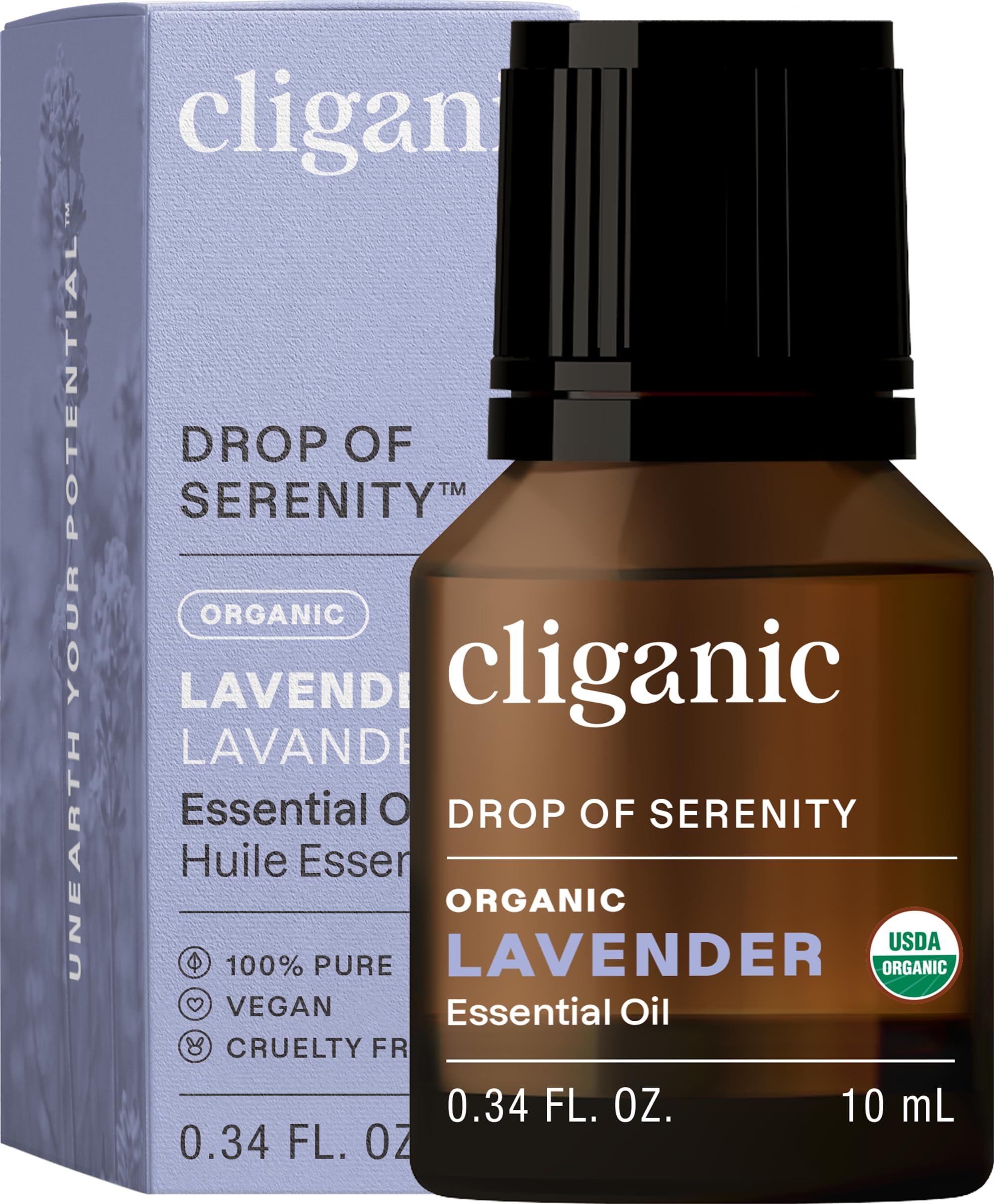 Cliganic Organic Lavender Essential Oil bottle close-up for calming aromatherapy at home.