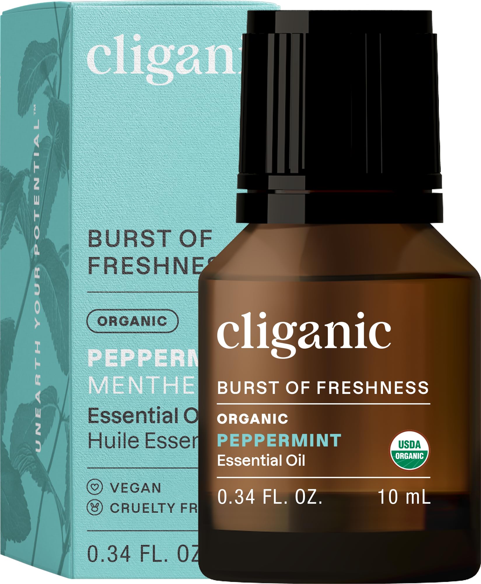 Cliganic Organic Peppermint Oil bottle showing pure aroma for aromatherapy