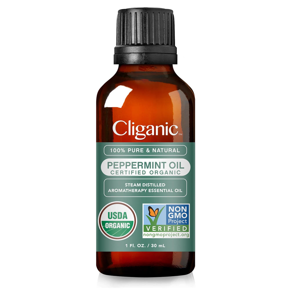 Cliganic peppermint oil single-ingredient bottle emphasizing purity