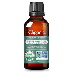 Cliganic peppermint oil single-ingredient bottle emphasizing purity
