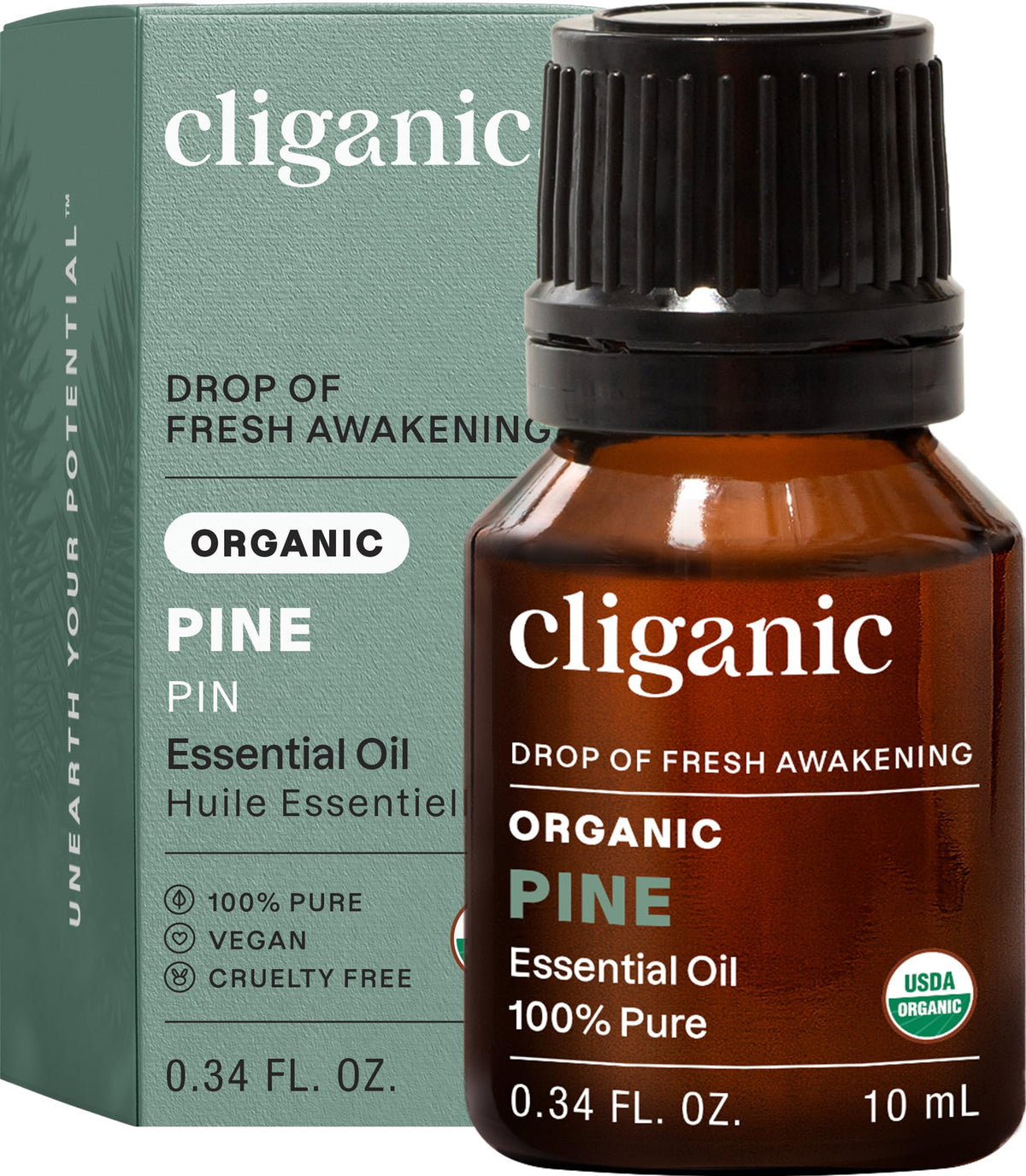 Cliganic Pine Essential Oil bottle close-up for pure pine aroma in diffusers
