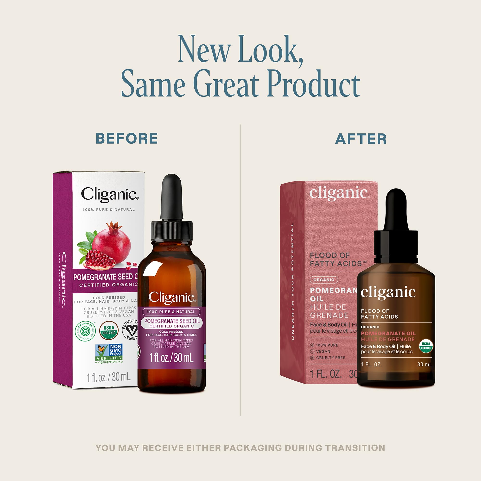 Cliganic Pomegranate Oil droplet on skin, fast-absorbing and lightweight for face, hair, and body.