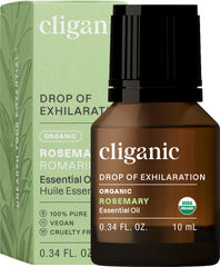 Cliganic rosemary essential oil bottle in amber glass highlighting premium storage and purity
