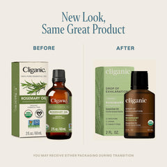 Close-up of Cliganic rosemary oil label highlighting organic and pure ingredients.