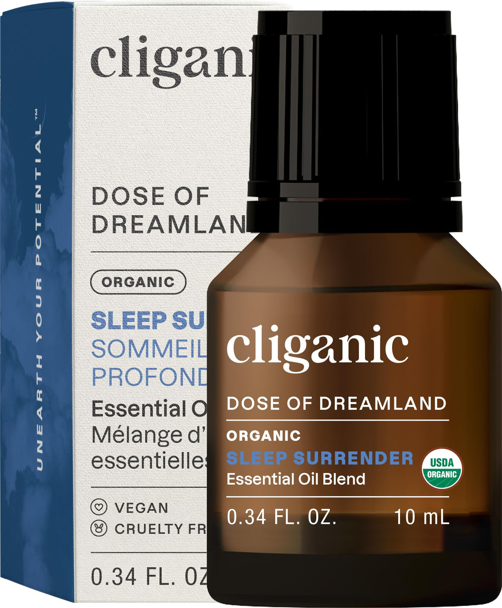 Cliganic Sleep Surrender bottle label highlighting organic blend for a calming bedtime ritual.