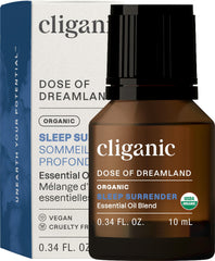 Cliganic Sleep Surrender bottle label highlighting organic blend for a calming bedtime ritual.