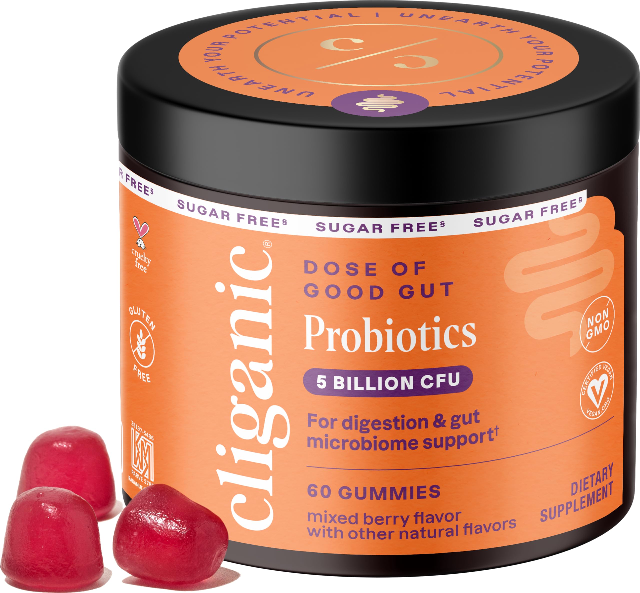 Cliganic sugar-free probiotics gummies berry bottle showcasing 60-day supply.