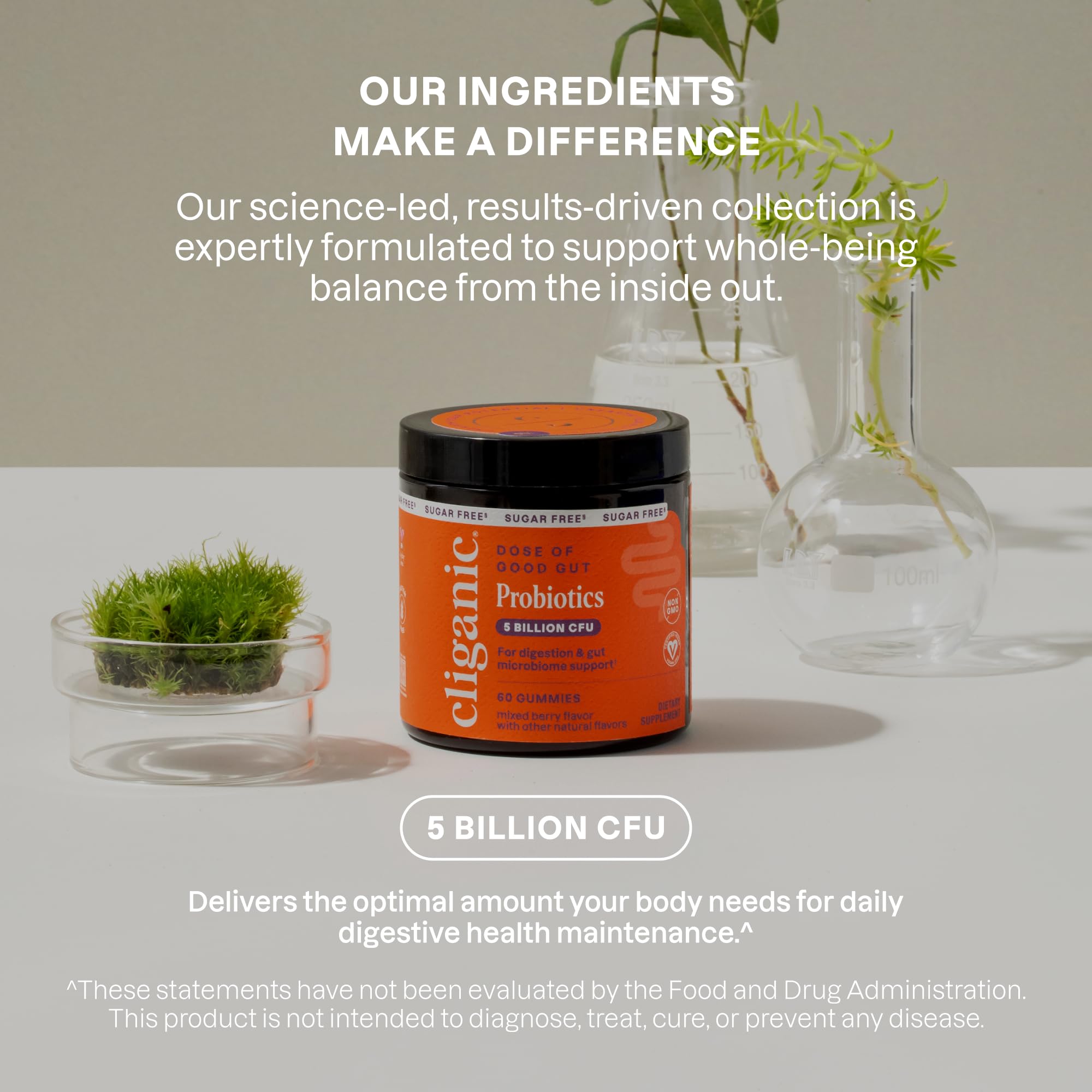 Cliganic sugar-free probiotics gummies recyclable packaging illustration.