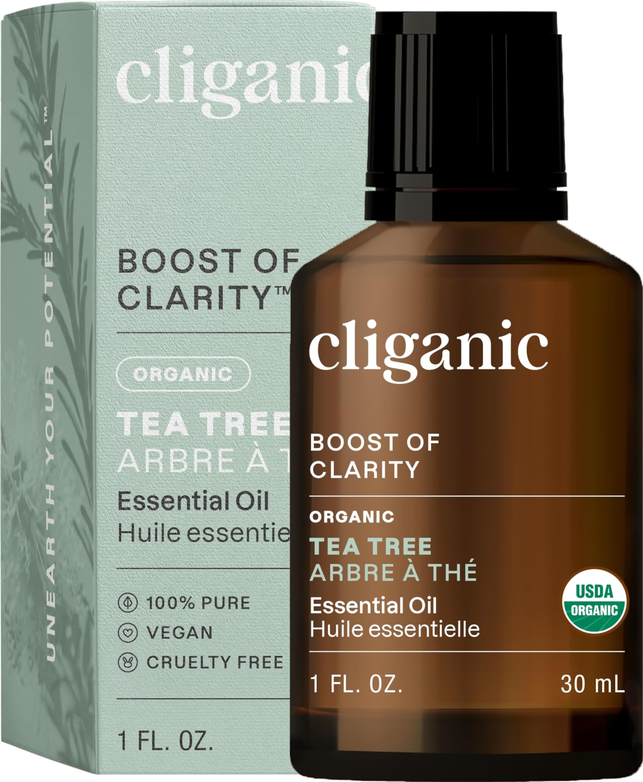 Cliganic Tea Tree Oil bottle close-up, single-ingredient purity for diffusers.