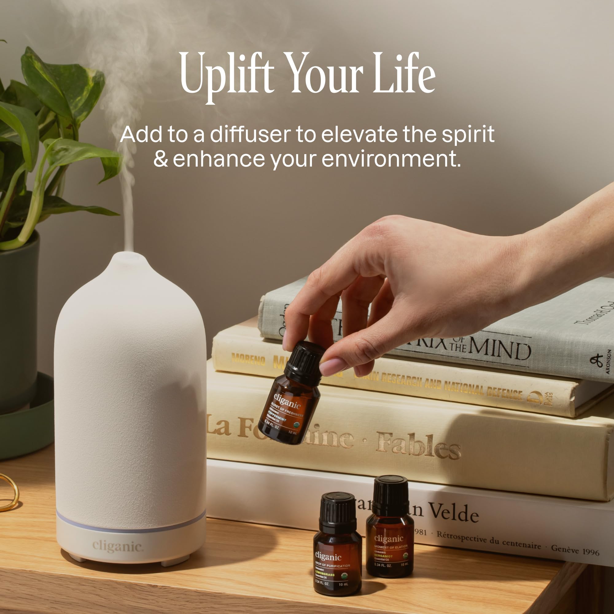 Cliganic tea tree oil bottle for cleansing aroma and space purification.