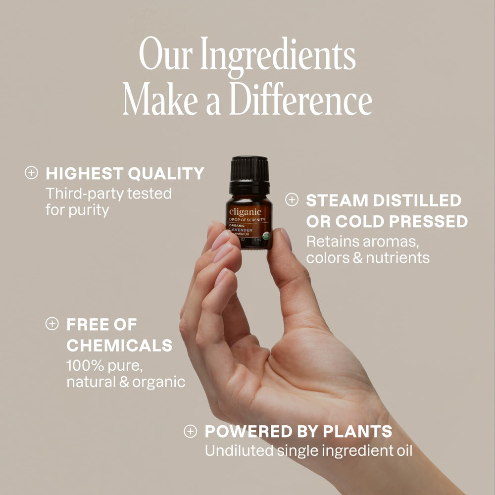 Cliganic third-party purity label indicating tested essential oil quality