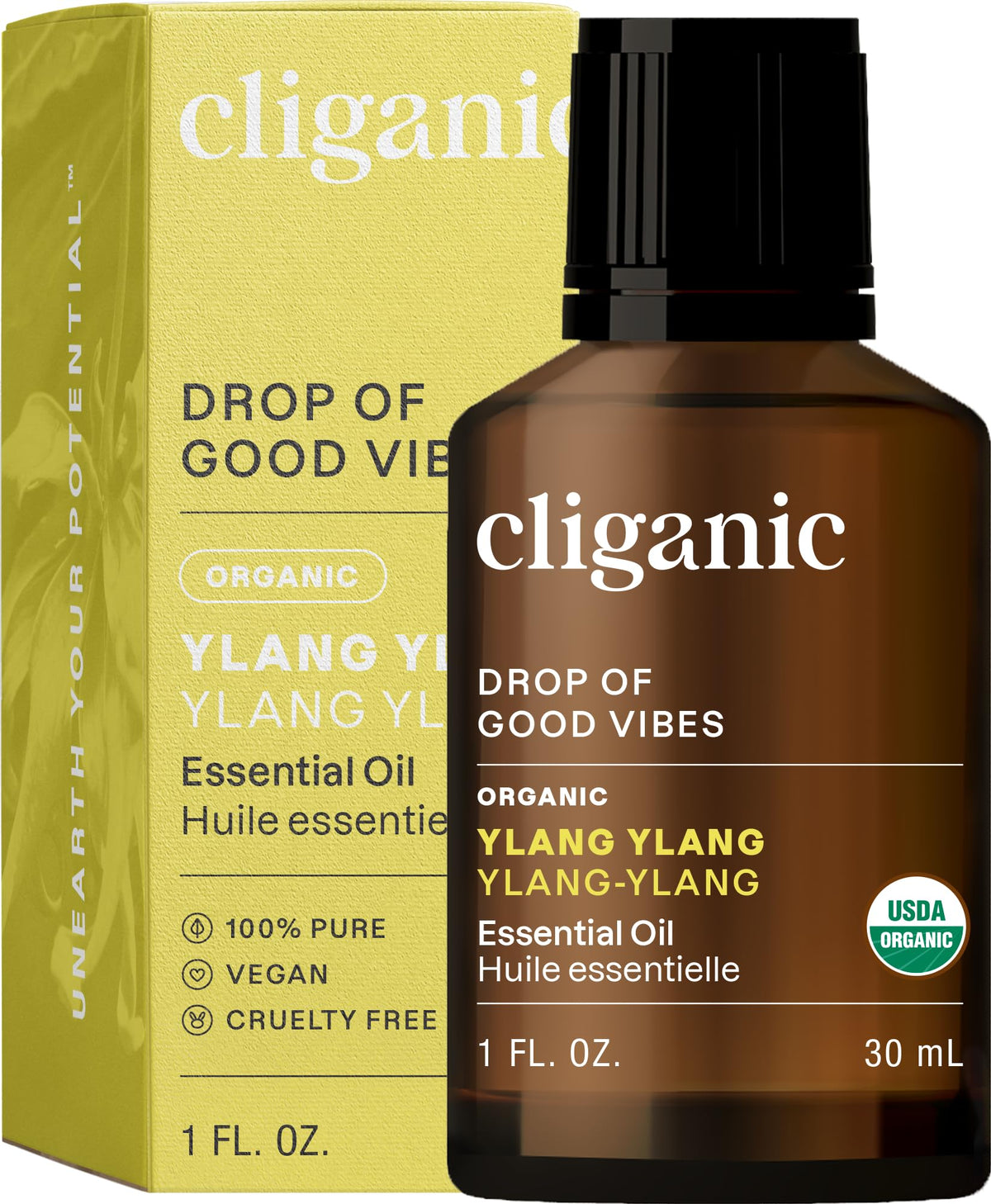 Cliganic Ylang Ylang Essential Oil bottle pour for diffuser use and aroma.