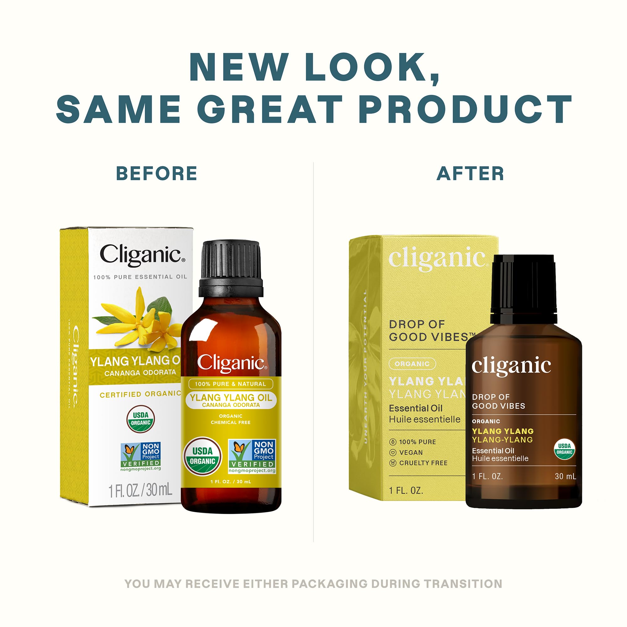 Cliganic Ylang Ylang Oil closeup with label highlighting organic quality for aromatherapy.