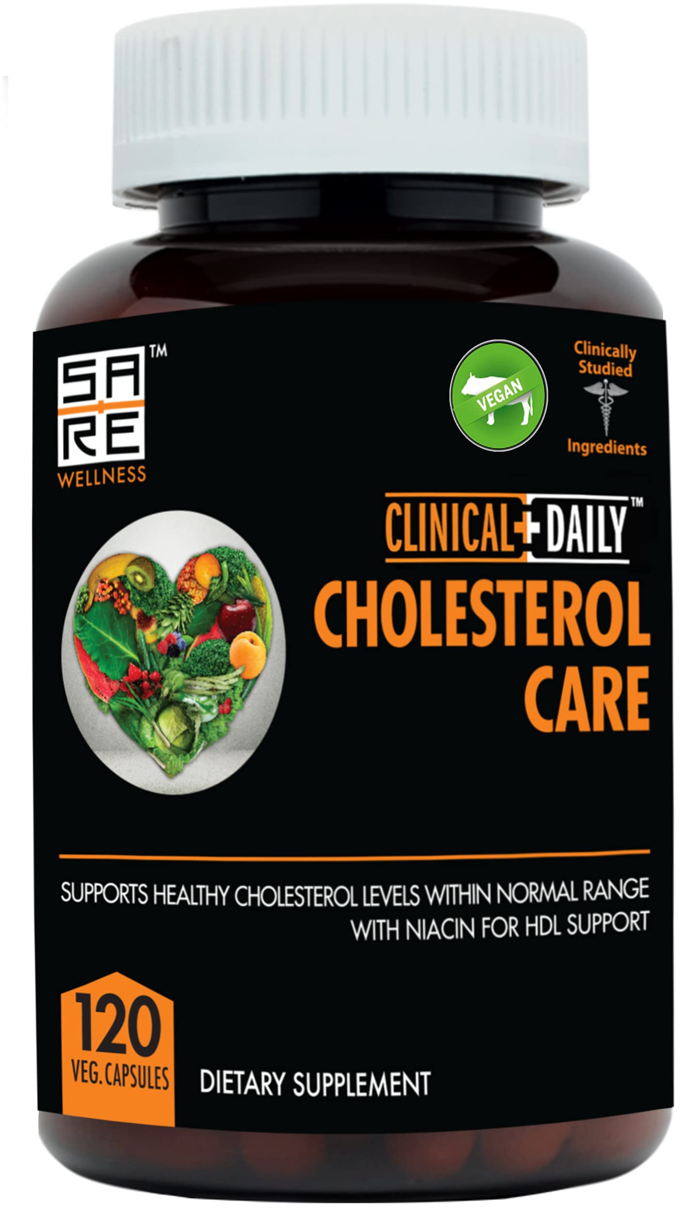Clinical Daily Cholesterol Care Supplement bottle with vegan capsules for cholesterol support.