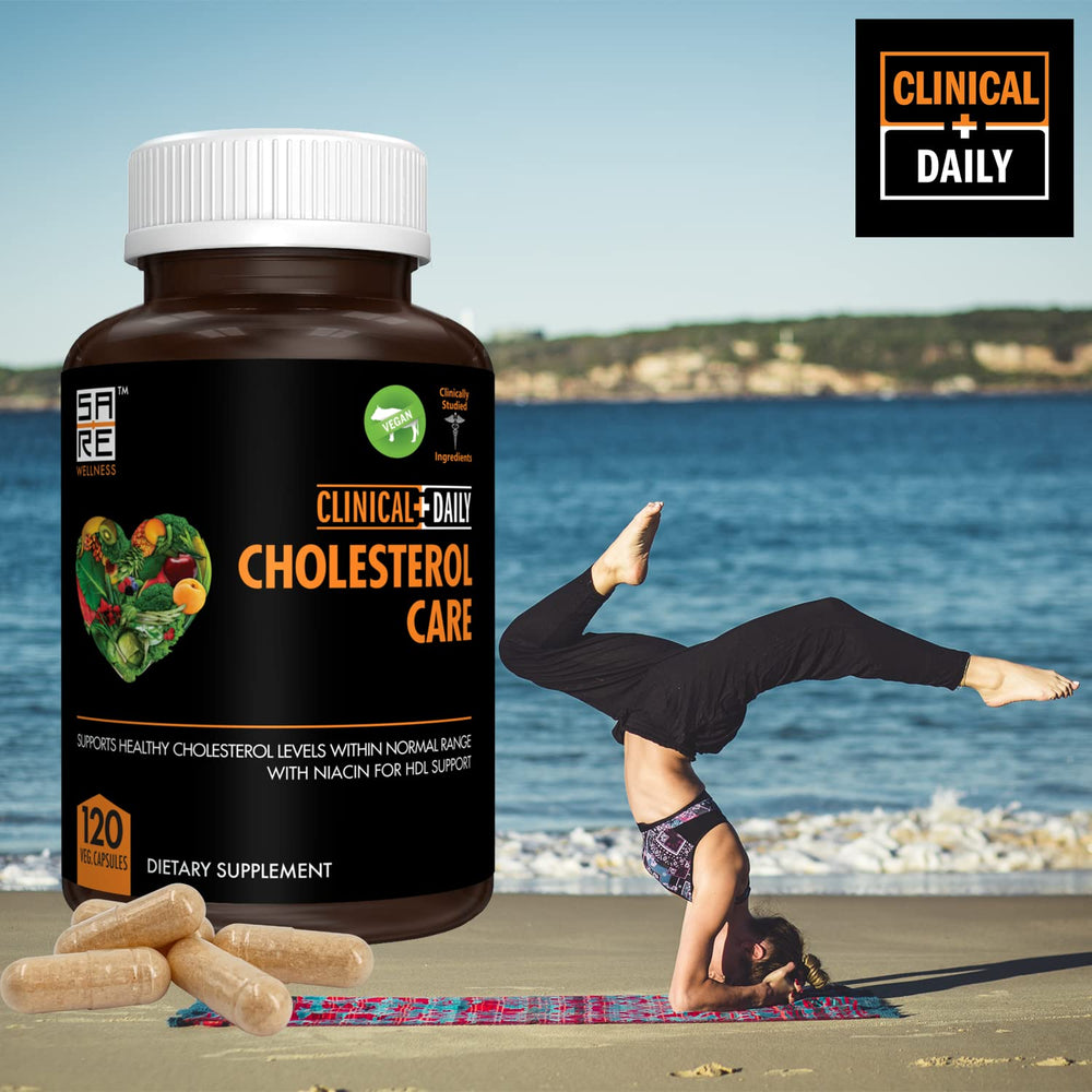 Clinical Daily Cholesterol Care Supplement capsules closeup highlighting plant sterols for heart health.