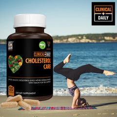 Clinical Daily Cholesterol Care Supplement capsules closeup highlighting plant sterols for heart health.