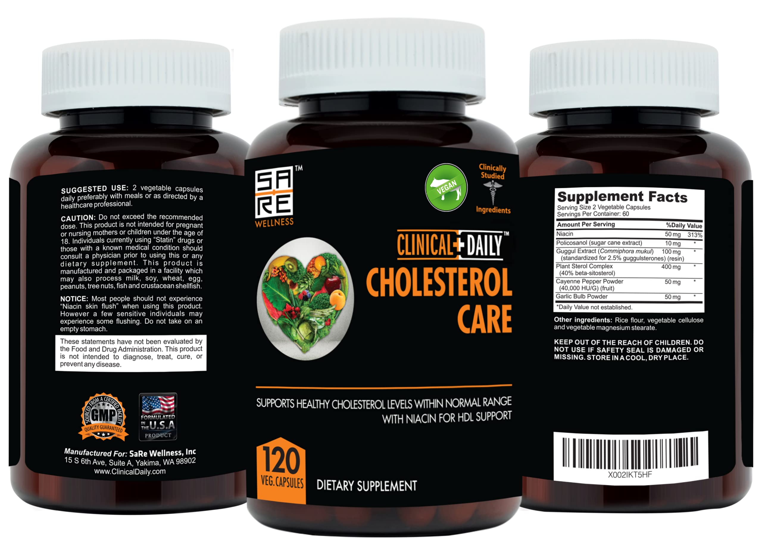 Clinical Daily Cholesterol Care Supplement label shows natural ingredients and vegan vitamins.