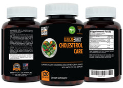 Clinical Daily Cholesterol Care Supplement label shows natural ingredients and vegan vitamins.