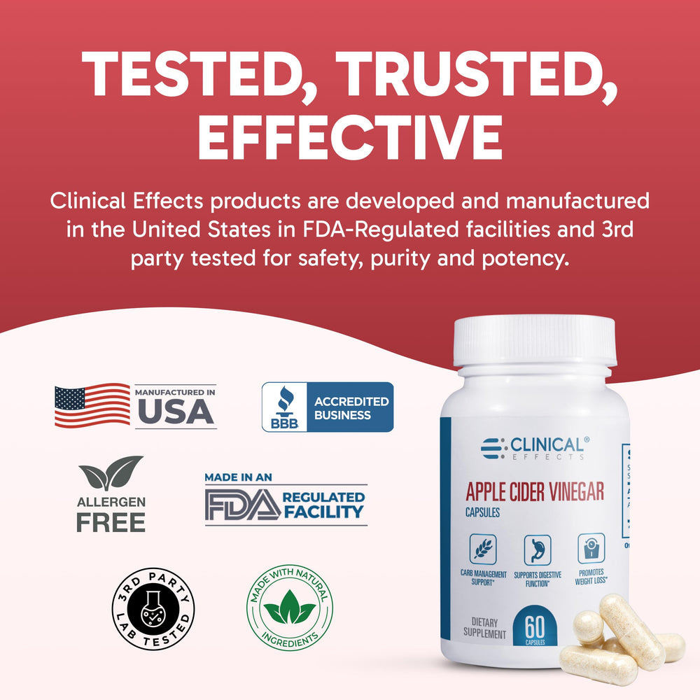 Clinical Effects Apple Cider Vinegar Capsules bottle on desk highlighting natural energy without aftertaste