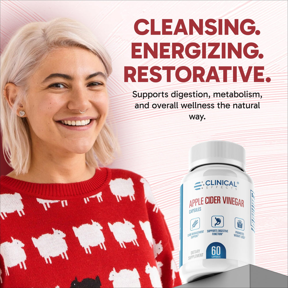 Clinical Effects Apple Cider Vinegar Capsules label shows non GMO and additive-free formula