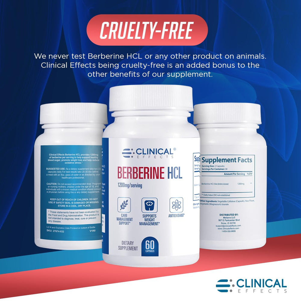 Clinical Effects Berberine HCL bottle shows 1200 mg per serving dosage