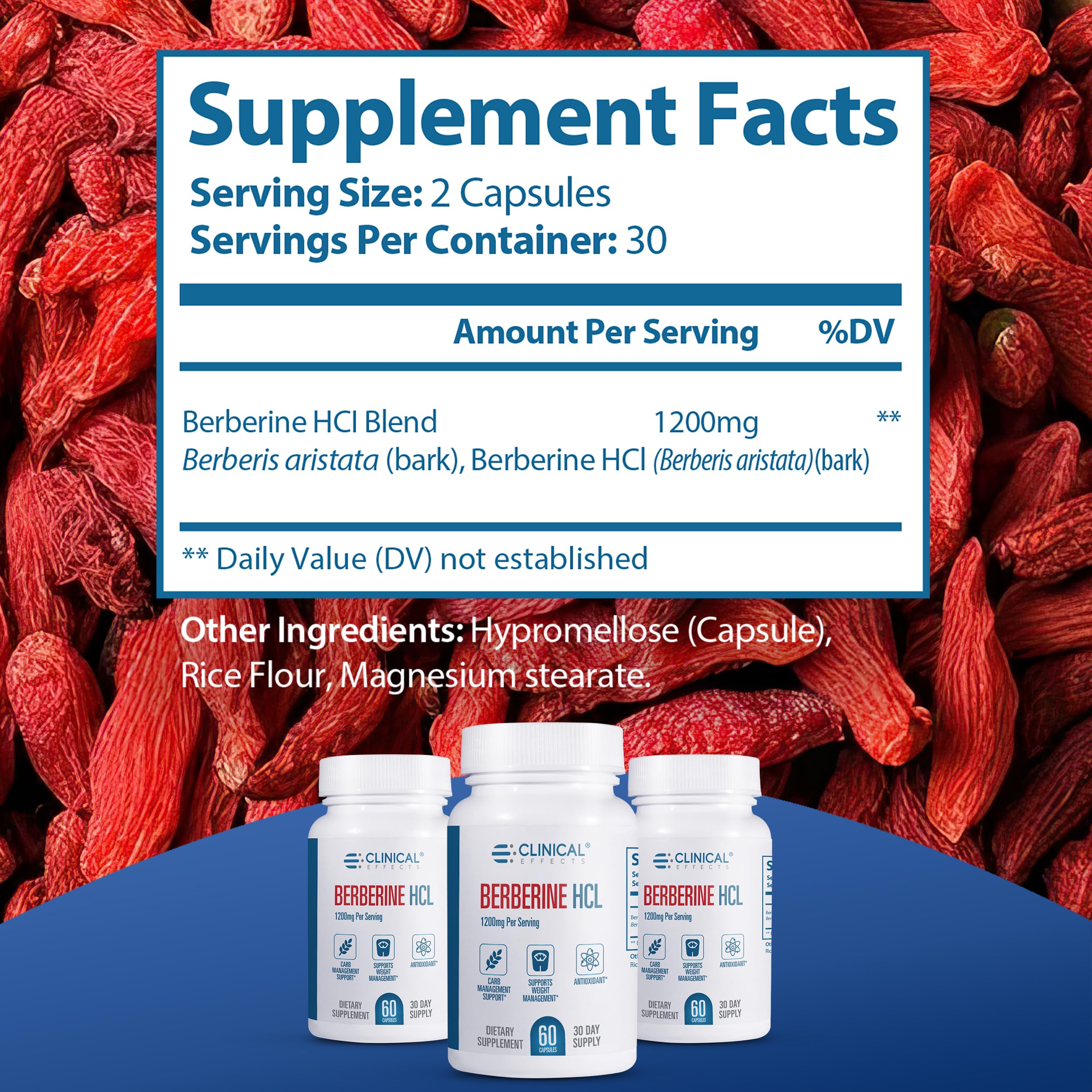 Clinical Effects Berberine HCL packaging with 60 capsules per bottle