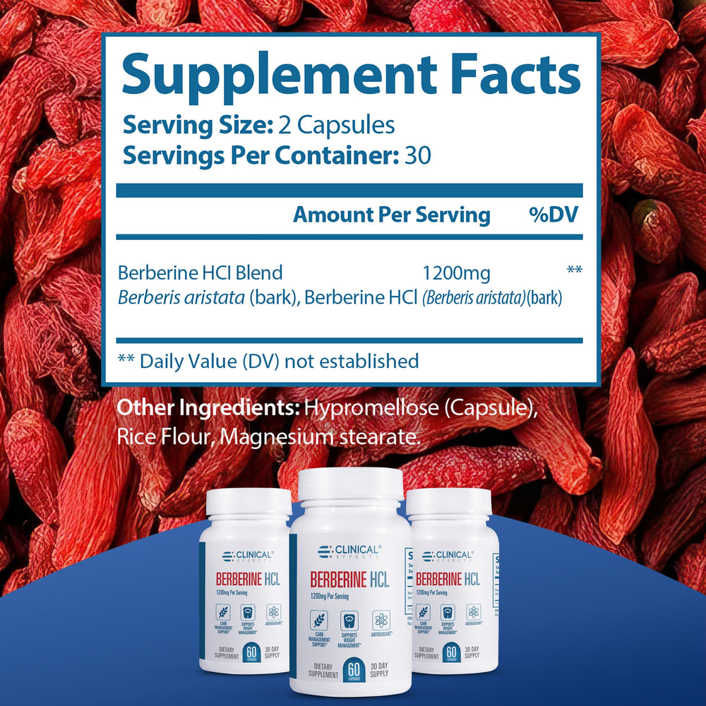 Clinical Effects Berberine HCL packaging with 60 capsules per bottle