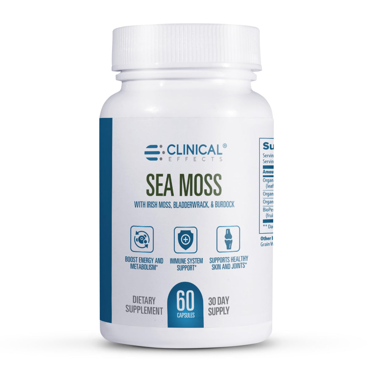 Clinical Effects Sea Moss bottle label highlights iodine and omega-3 benefits.