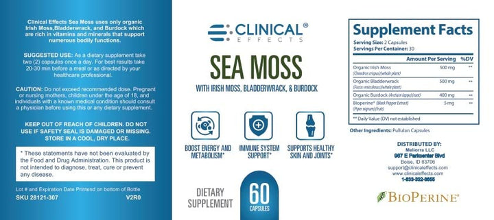 Clinical Effects Sea Moss capsules front view for daily wellness routine.