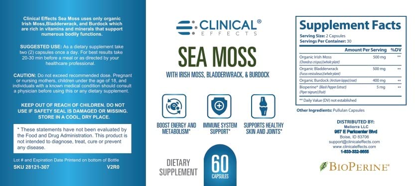 Clinical Effects Sea Moss capsules front view for daily wellness routine.
