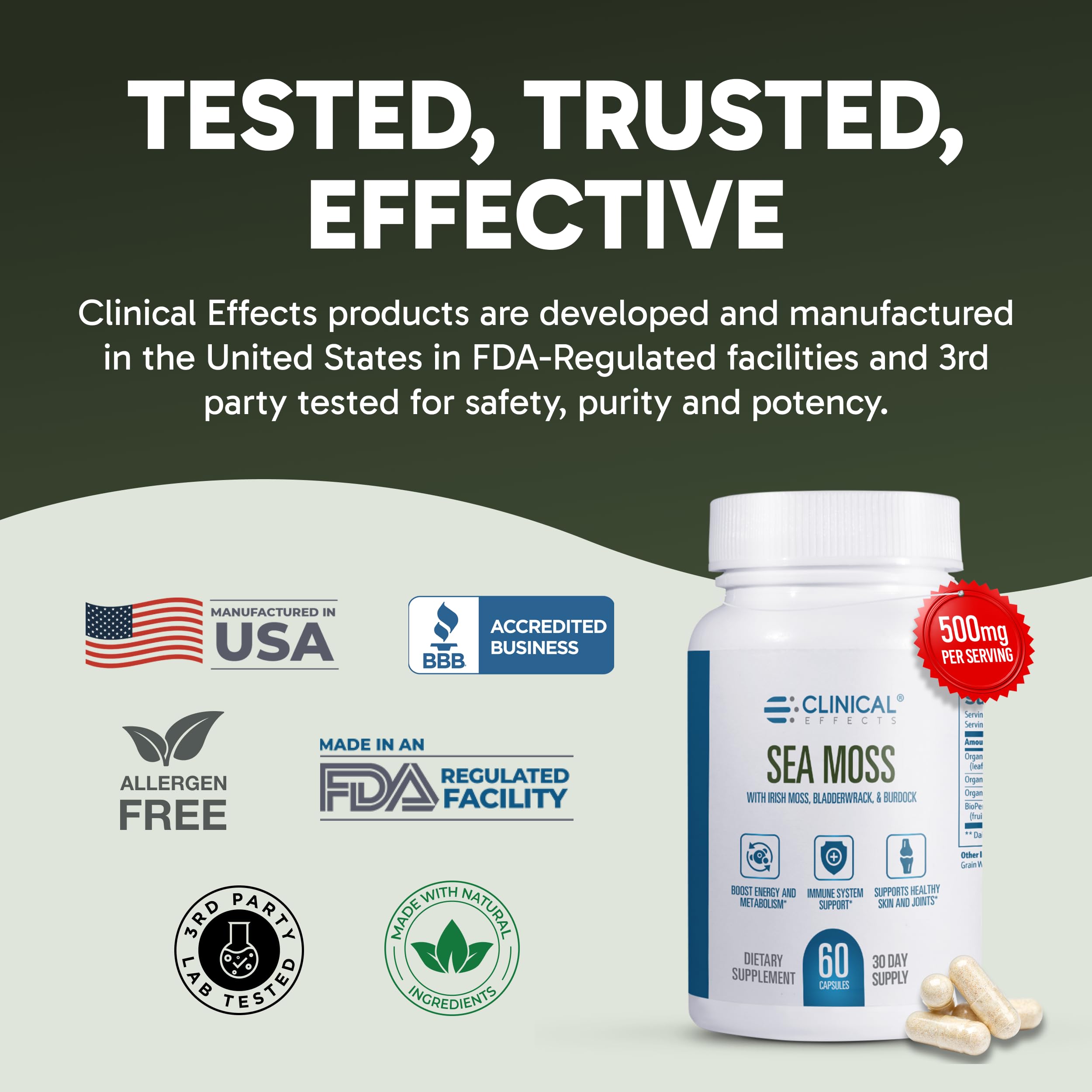 Clinical Effects daily-use setup with capsules, glass of water, and greens.