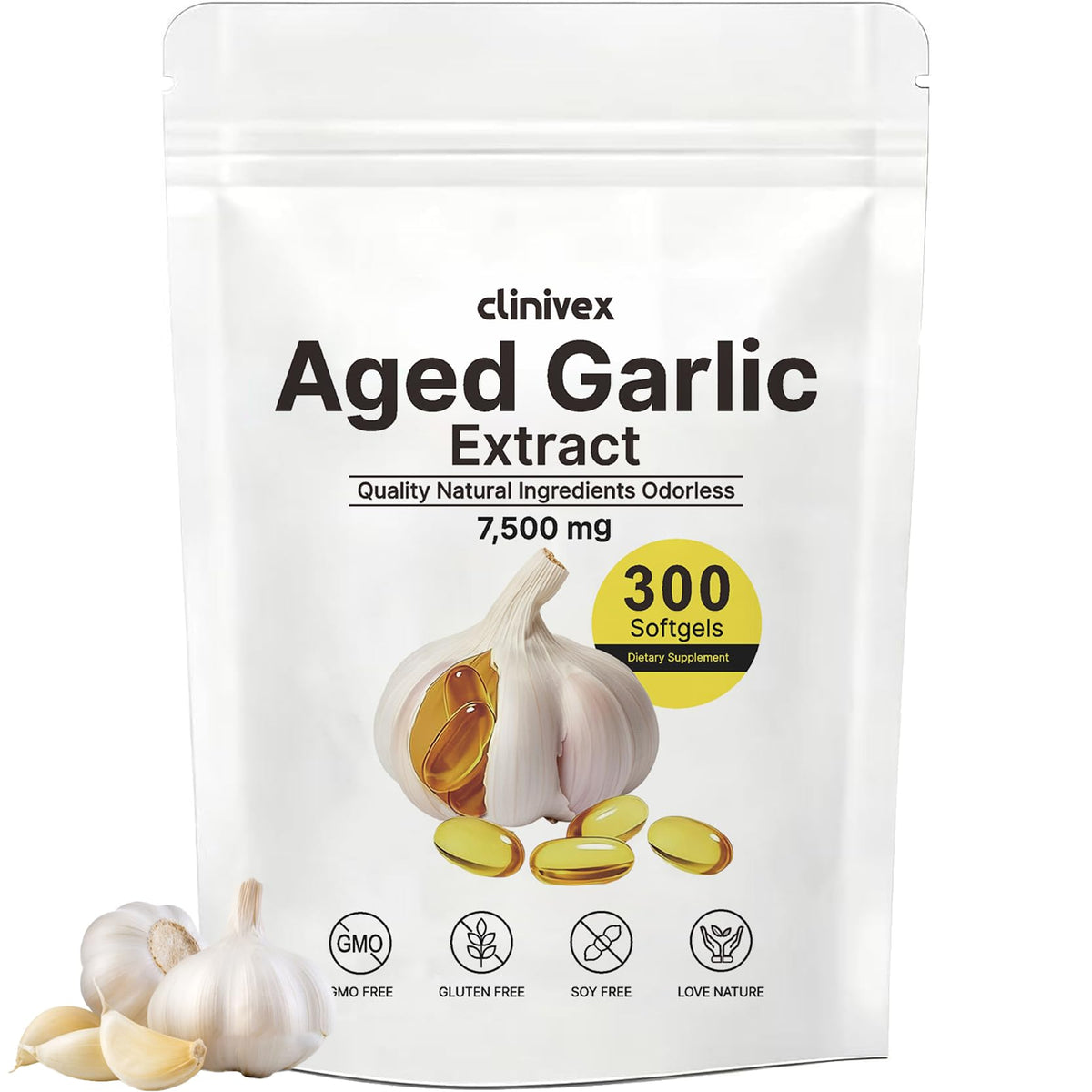Clinivex aged garlic extract odorless capsules bottle front view for daily wellness.
