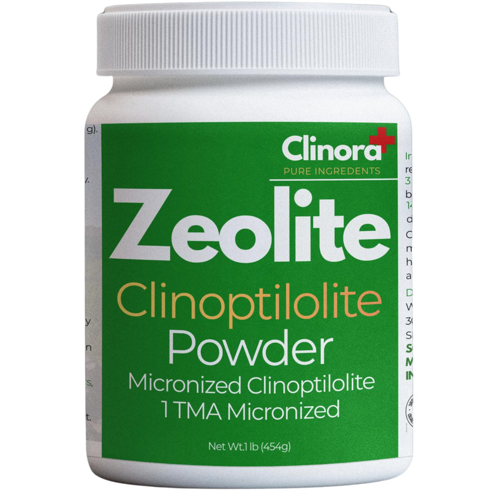 Clinora Zeolite Detox powder bottle on countertop with ultrafine particles for daily detox