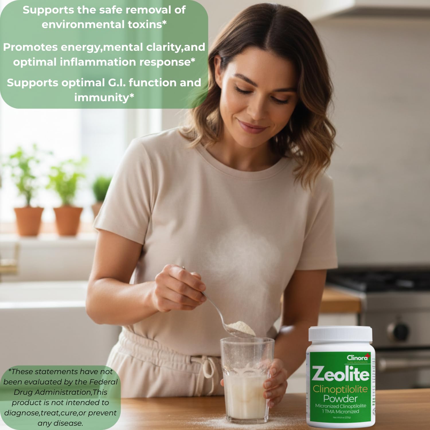 Clinora Zeolite Detox Powder ultra-fine texture shown for easy mixing