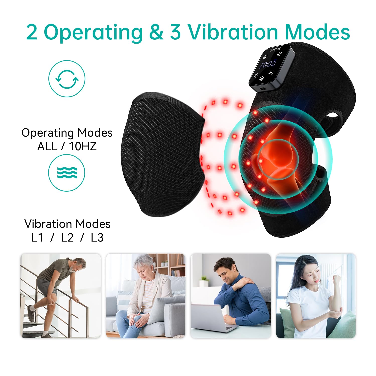 CLMTAS knee massager vibration settings illustrate three massage modes for varied relief