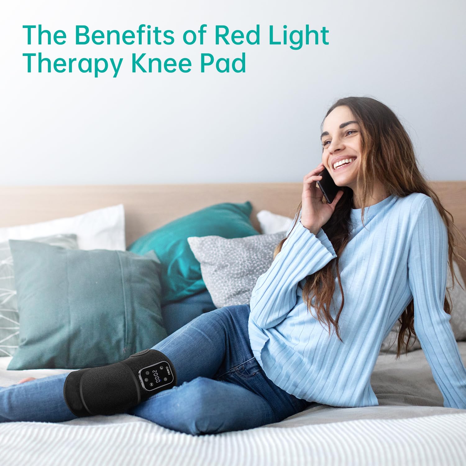 CLMTAS knee massager wearable strap demonstrates adjustable fit for comfort during use